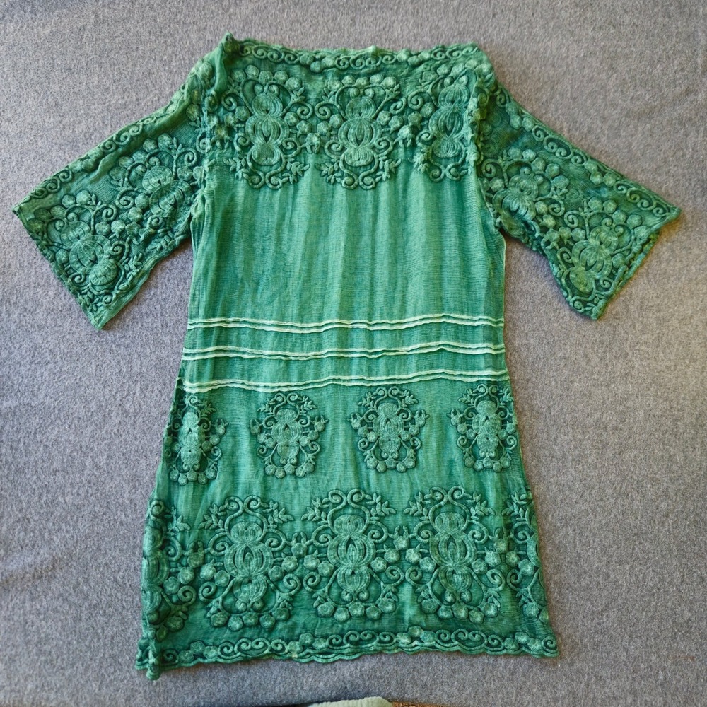 Soft Surroundings Tunic Dress XS Grn Silk Embroidered Boho Ethereal Forest Fairy
